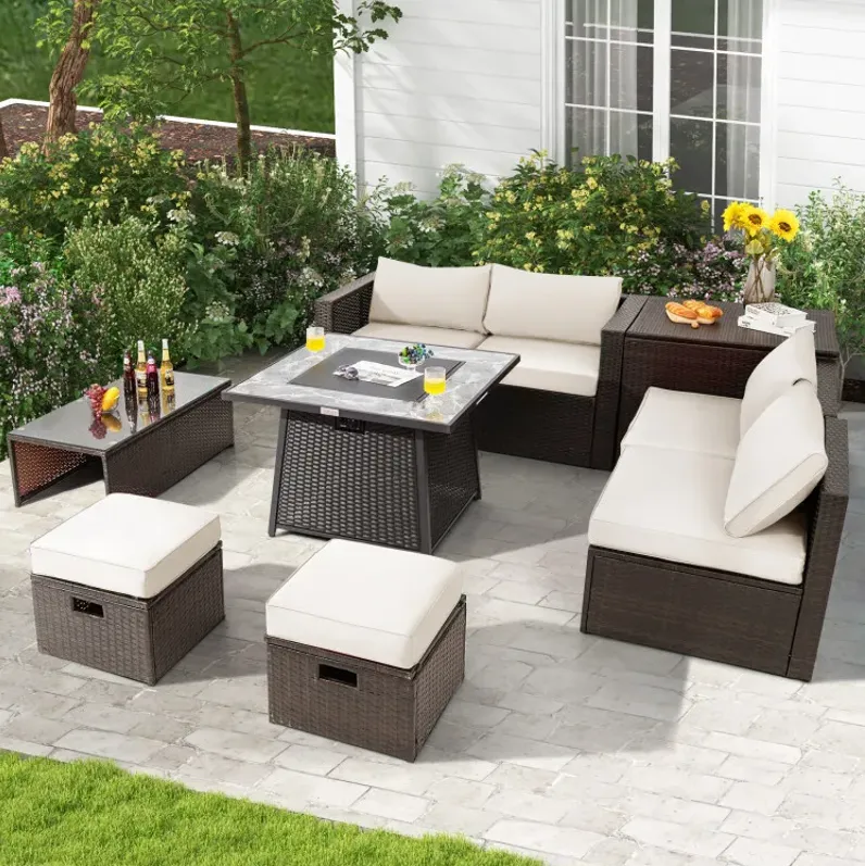 9 Pieces Patio PE Wicker Sectional Set with 50000 BTU Fire Pit Table