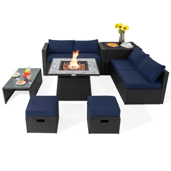9 Pieces Outdoor Wicker Sectional with 35 Inch Gas Fire Pit Table