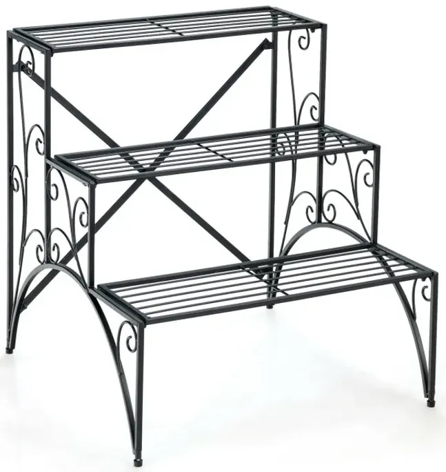 3-Tier Metal Plant Stand with Widened Grid Shelf for Porch Garden