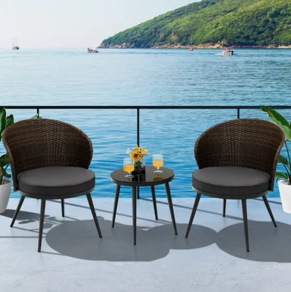 3 Pieces Patio Rattan Bistro Set with 2 Seat Cushions and Tempered Glass Tabletop