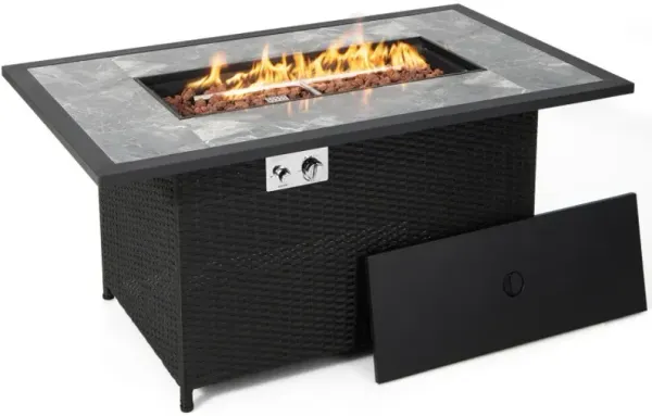 52 Inch Rattan Wicker Propane Fire Pit Table with Rain Cover and Lava Rock