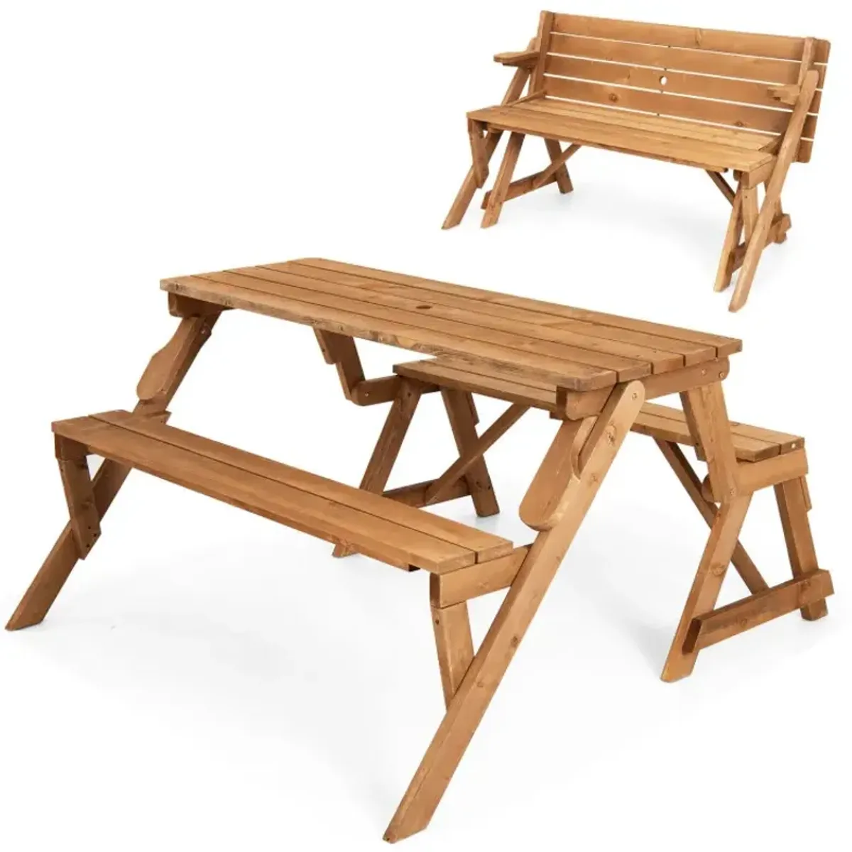 2-in-1 Transforming Interchangeable Wooden Picnic Table Bench with Umbrella Hole