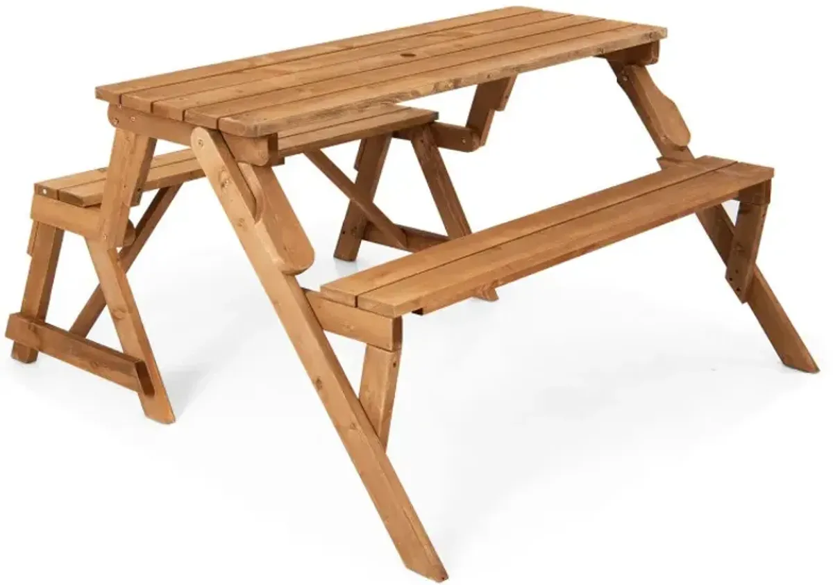 2-in-1 Transforming Interchangeable Wooden Picnic Table Bench with Umbrella Hole