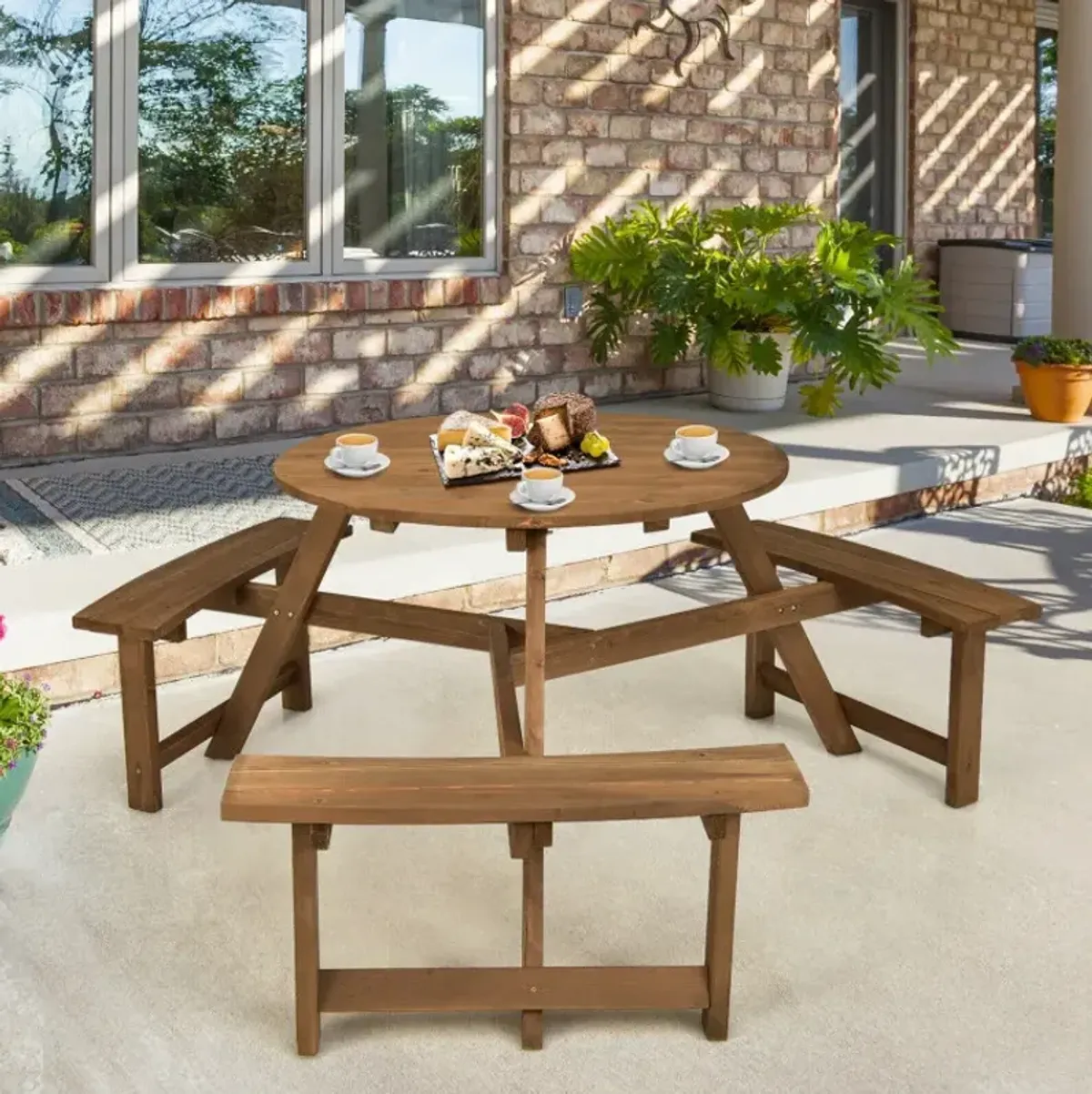 6-person Round Wooden Picnic Table with Umbrella Hole and 3 Built-in Benches