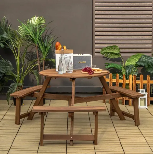 6-person Round Wooden Picnic Table with Umbrella Hole and 3 Built-in Benches