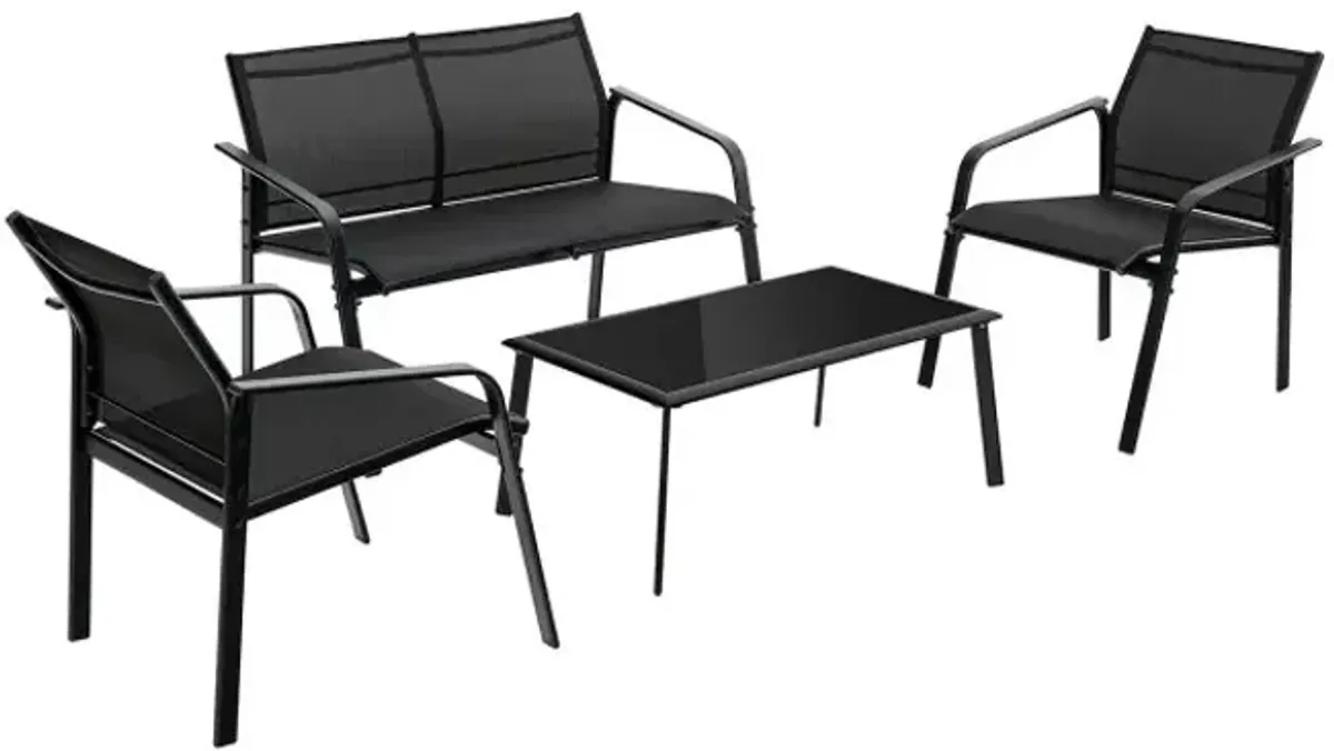 4 Pieces Patio Furniture Set with Armrest Loveseat Sofas and Glass Table Deck