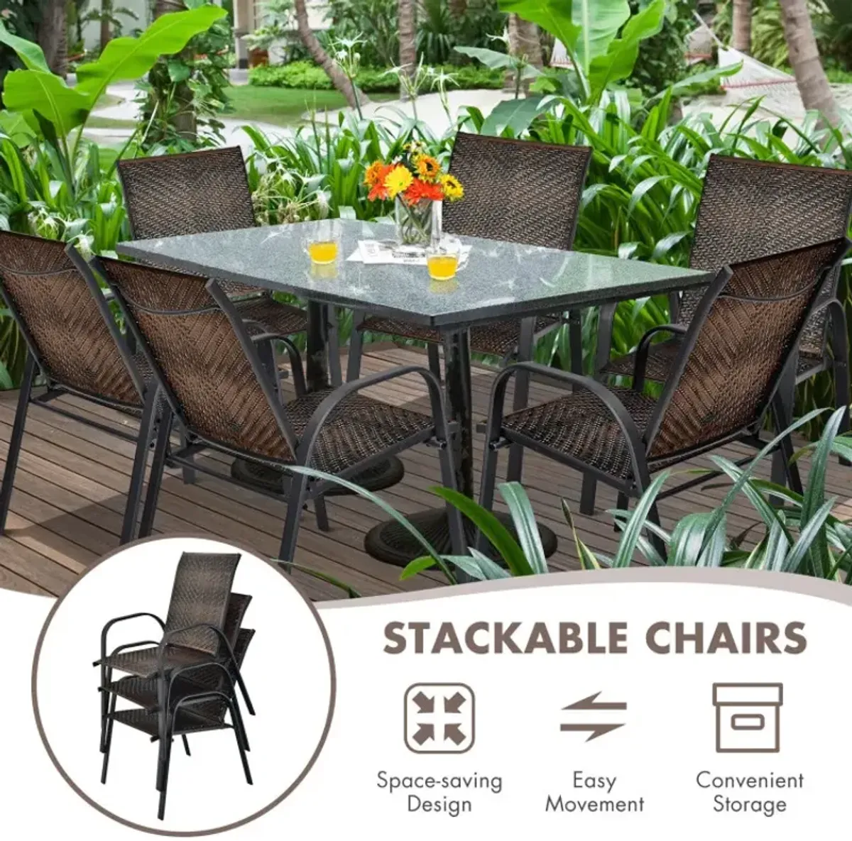 Set of 6 Outdoor PE Wicker Stackable Chairs with Sturdy Steel Frame
