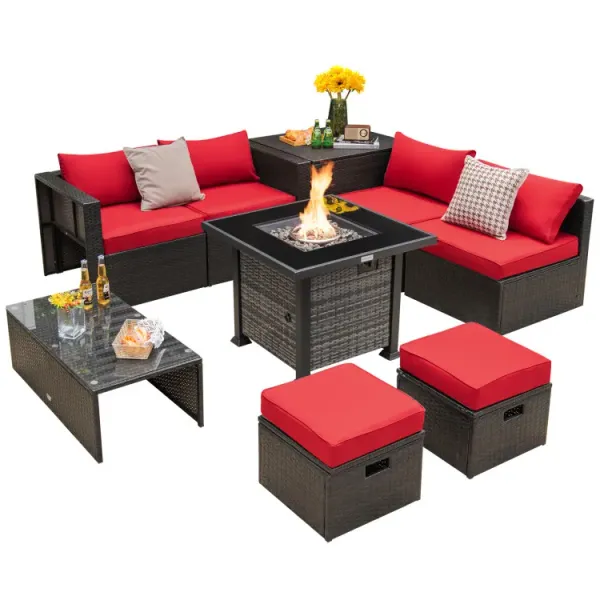 Outdoor 9 Pieces Patio Furniture Set with 50,000 BTU Propane Fire Pit Table