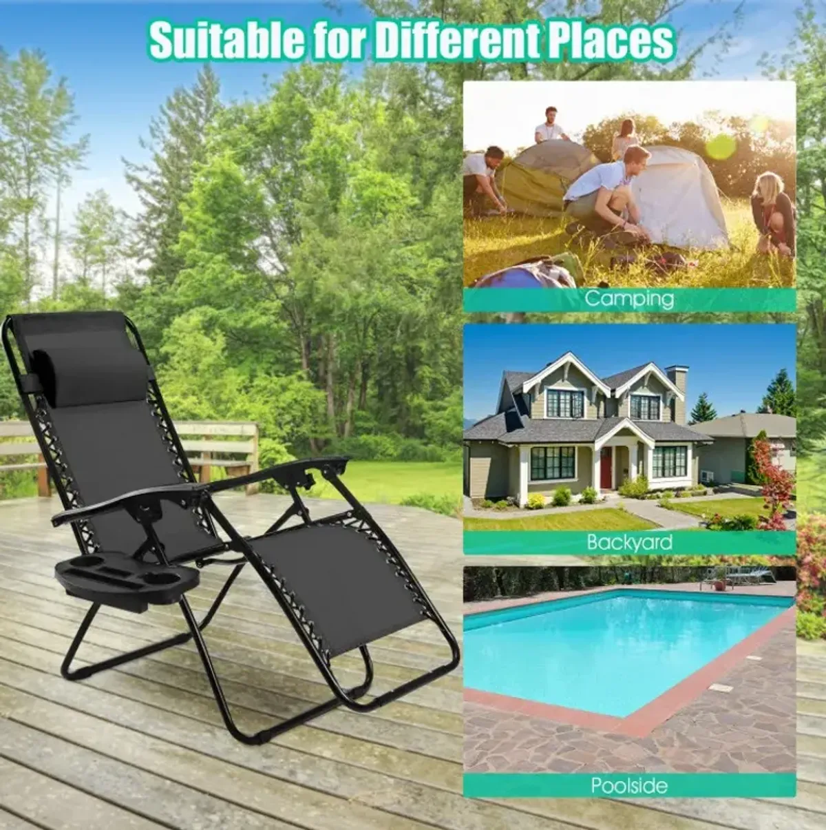 2 Pieces Folding Lounge Chair with Zero Gravity