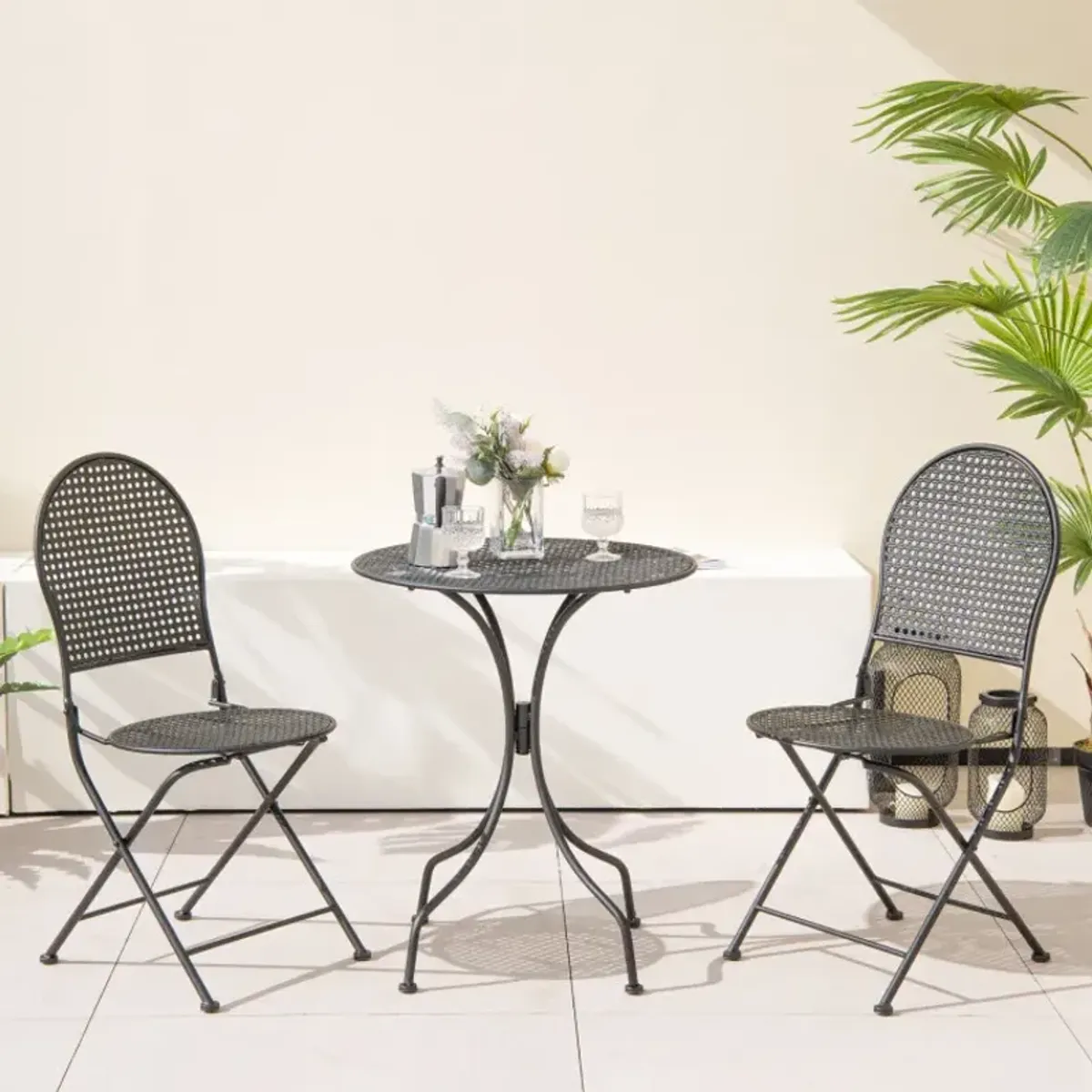 3 Piece Metal Bistro Patio Round Table and 2 Folding Chairs Set