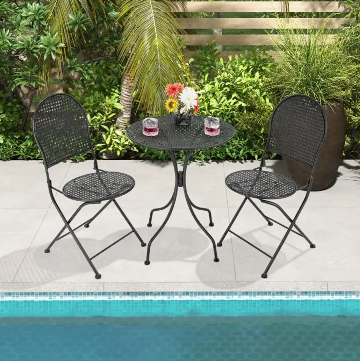 3 Piece Metal Bistro Patio Round Table and 2 Folding Chairs Set