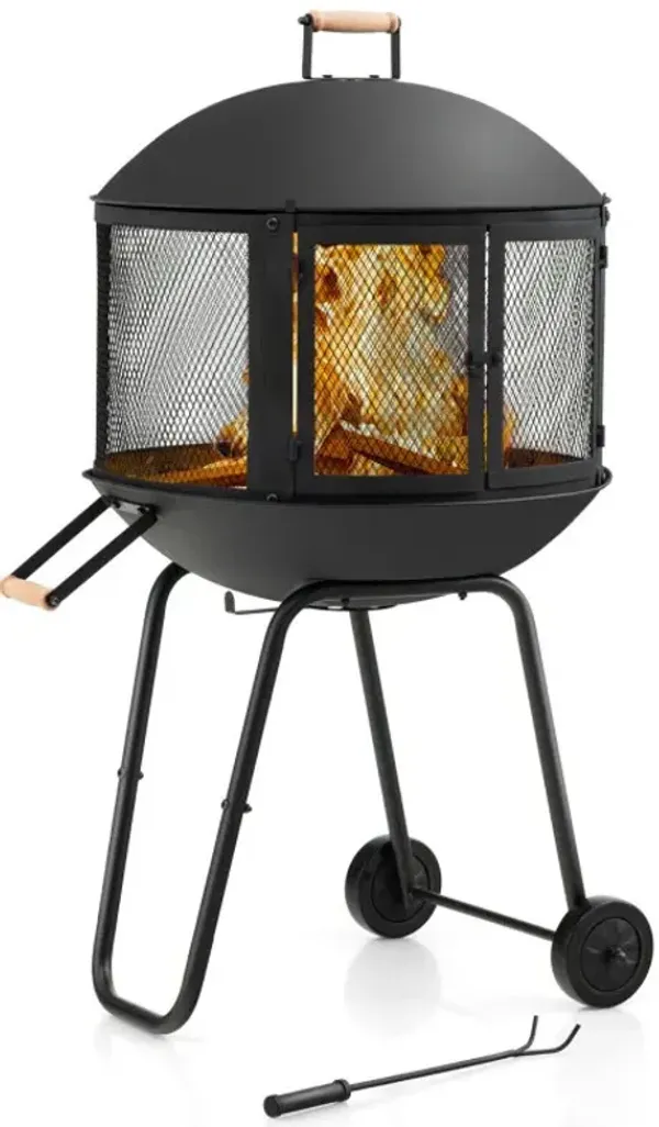 28 Inch Portable Fire Pit on Wheels with Log Grate