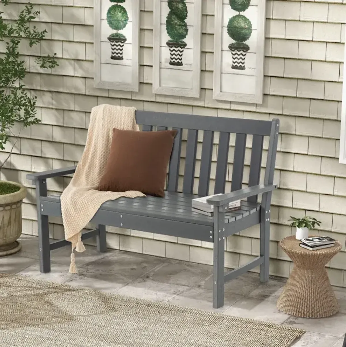 52 Inch All-Weather HDPE Outdoor Bench with Backrest and Armrests