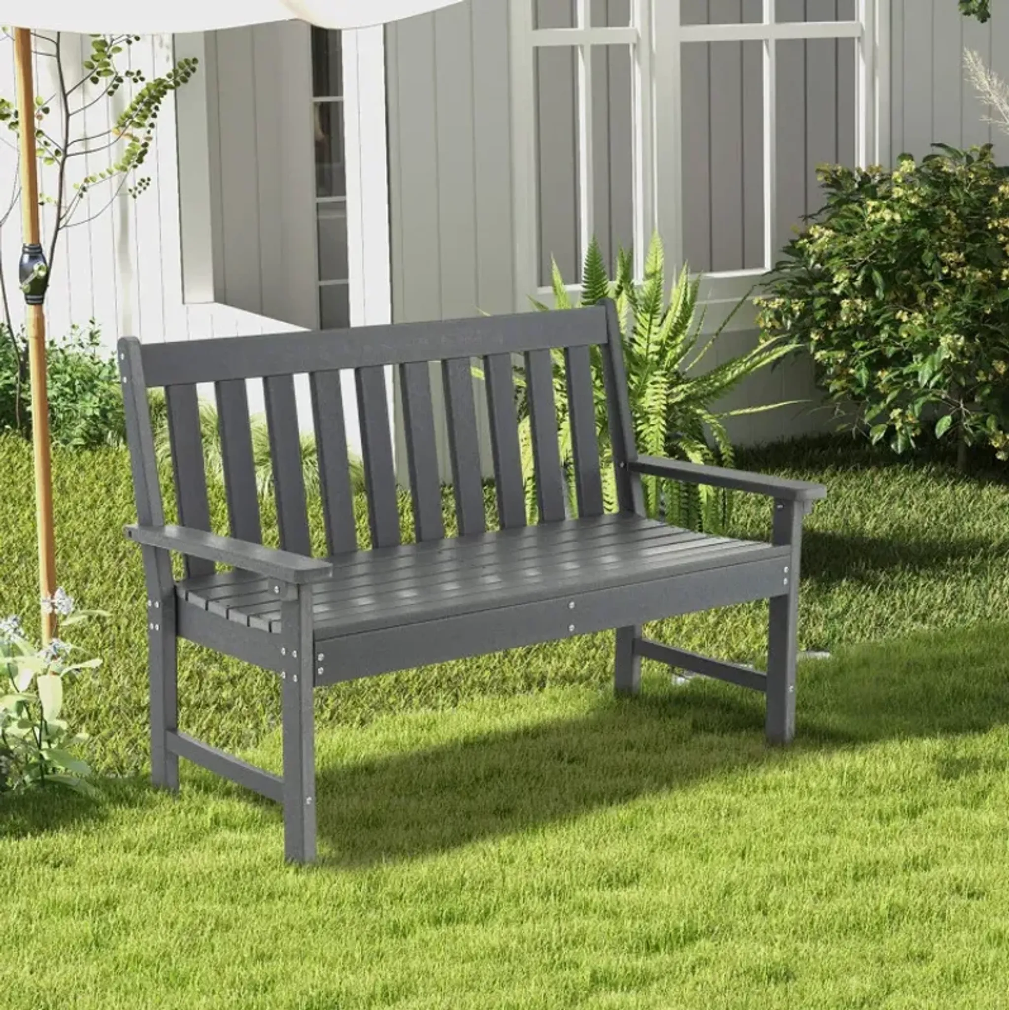 52 Inch All-Weather HDPE Outdoor Bench with Backrest and Armrests ...
