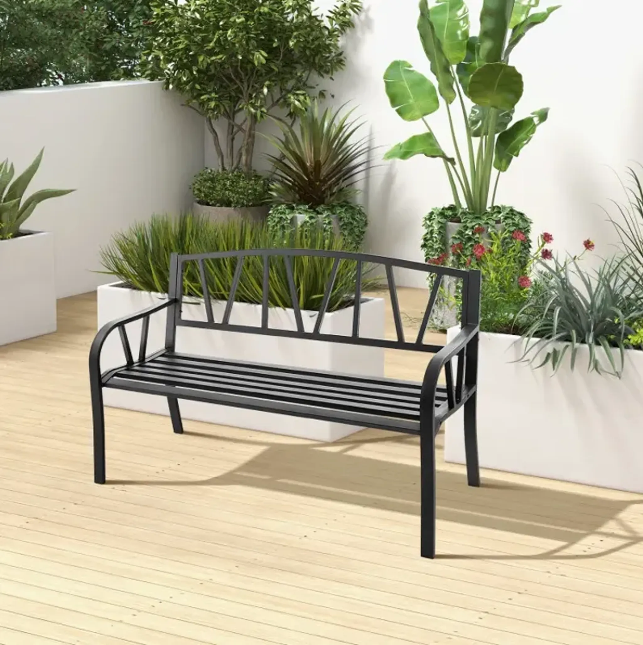 Patio Garden Bench With Metal Frame And Slatted Seat Costway ...