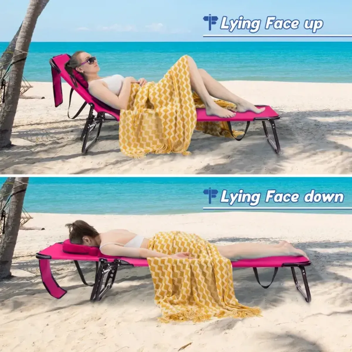 Beach Chaise Lounge Chair with Face Hole and Removable Pillow