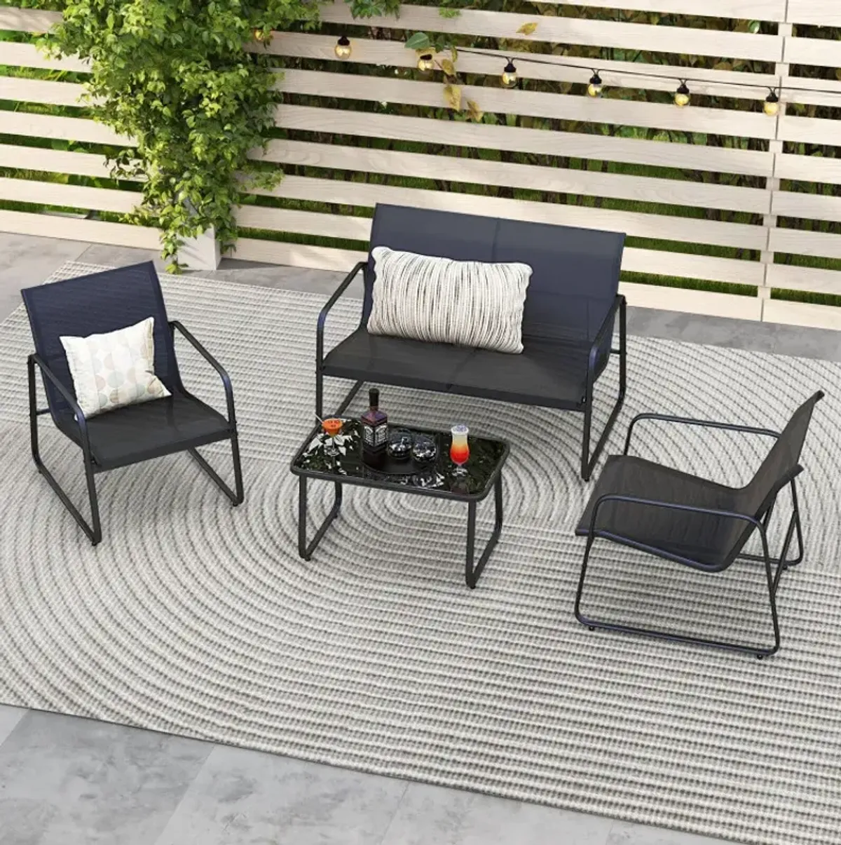 4 Pieces Outdoor Conversation Set with Tempered Glass Coffee Table
