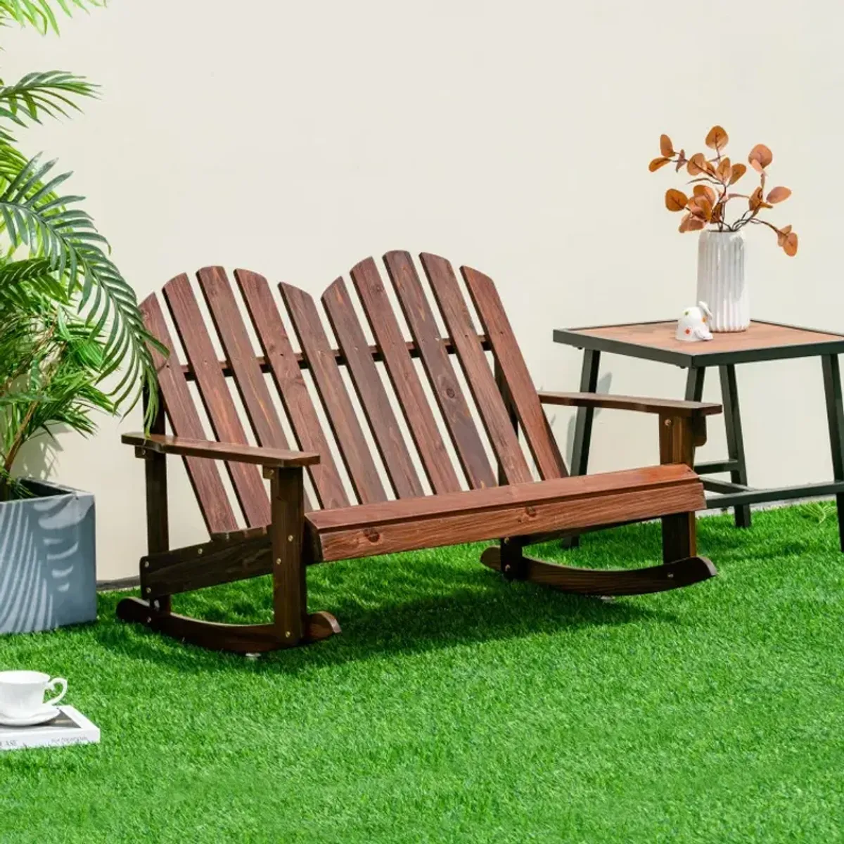 Outdoor 2 Person Kid Adirondack Rocking Chair Backrest Armrest Solid Wood Coffee