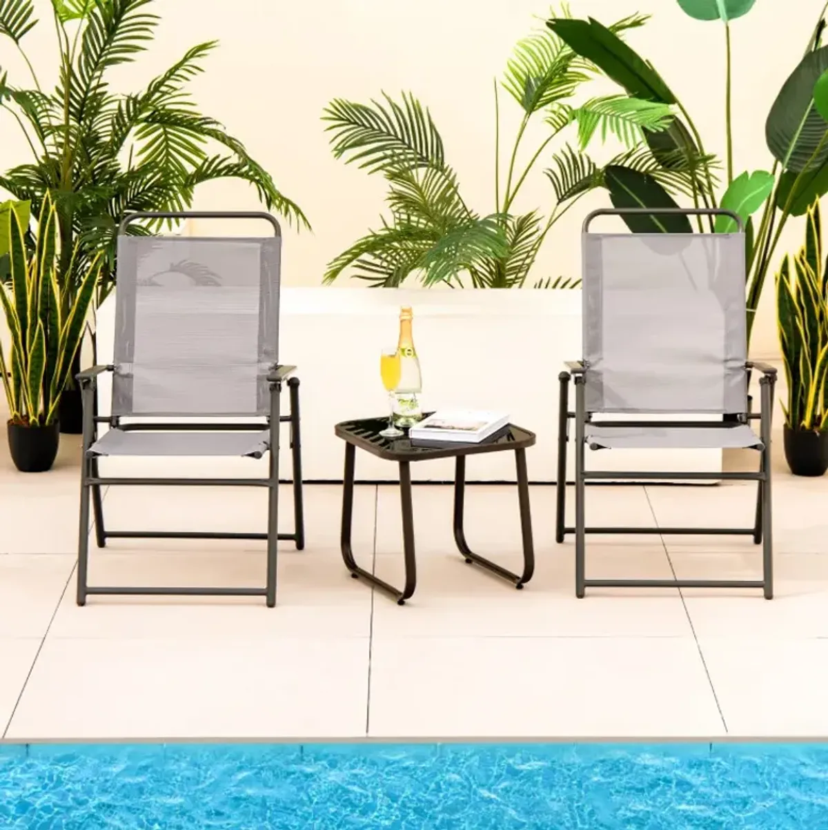 Outdoor Folding Sling Chairs Set of 4 with Armrest and Backrest