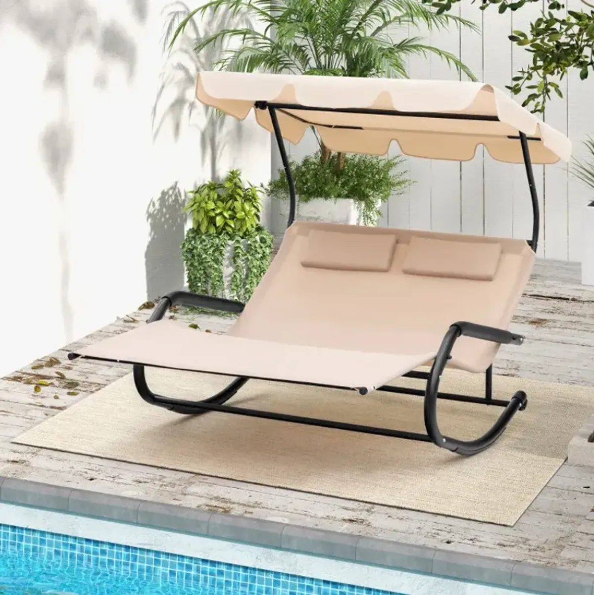 Outdoor 2 Persons Rocking Chaise Lounge with Canopy and Wheels