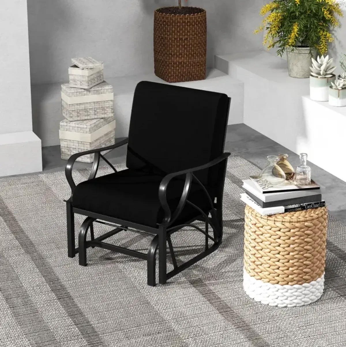 Patio Glider Rocking Chair with Thick Cushion and Curved Armrest