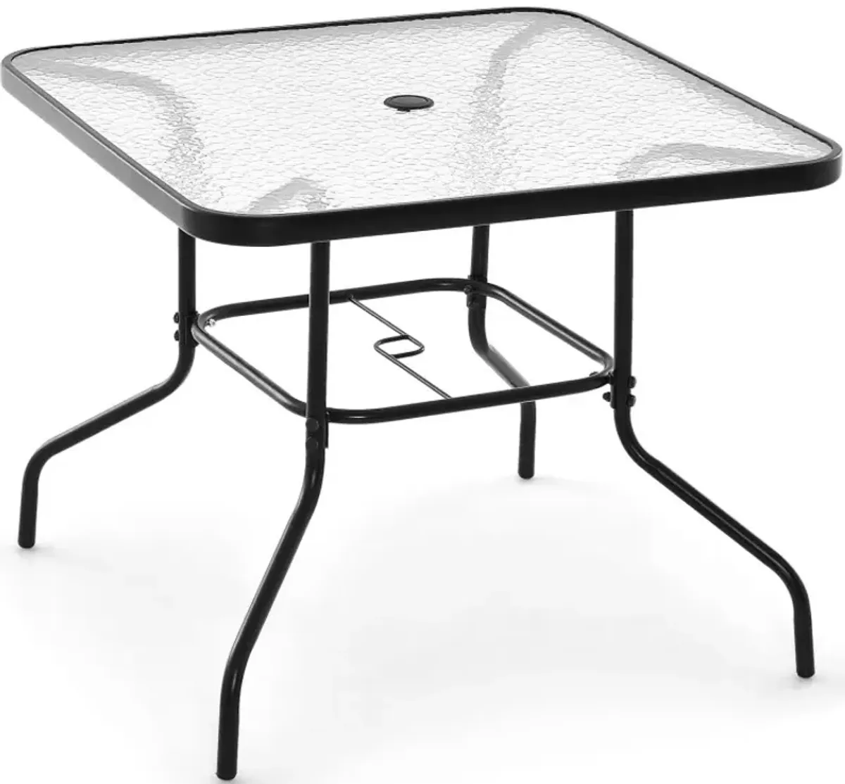 34 Inch Outdoor Dining Table Square Tempered Glass Table with 1.5 Inch Umbrella Hole