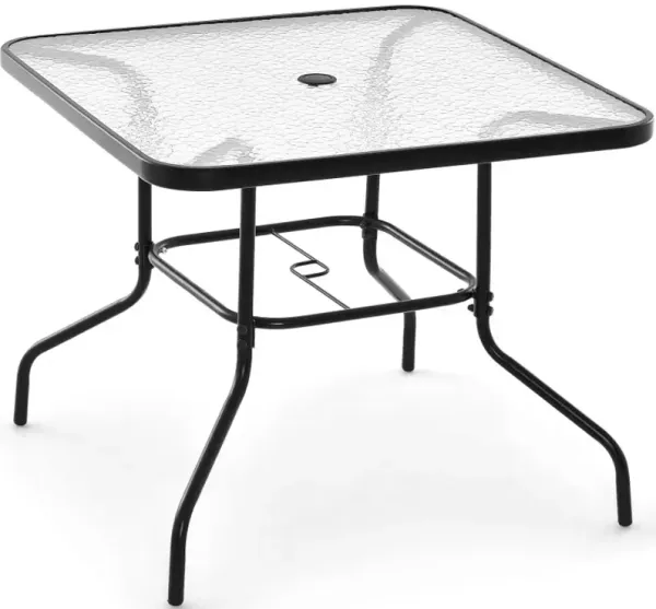 34 Inch Outdoor Dining Table Square Tempered Glass Table with 1.5 Inch Umbrella Hole