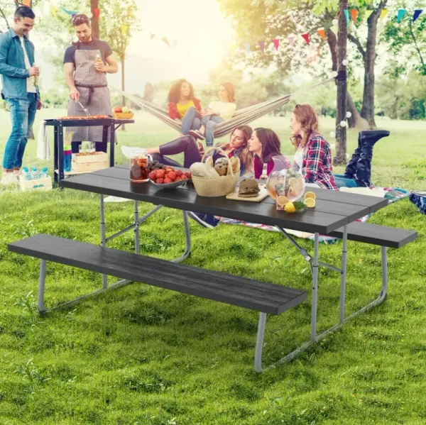 Folding Picnic Table Set with Metal Frame and All-Weather HDPE Tabletop, Umbrella Hole