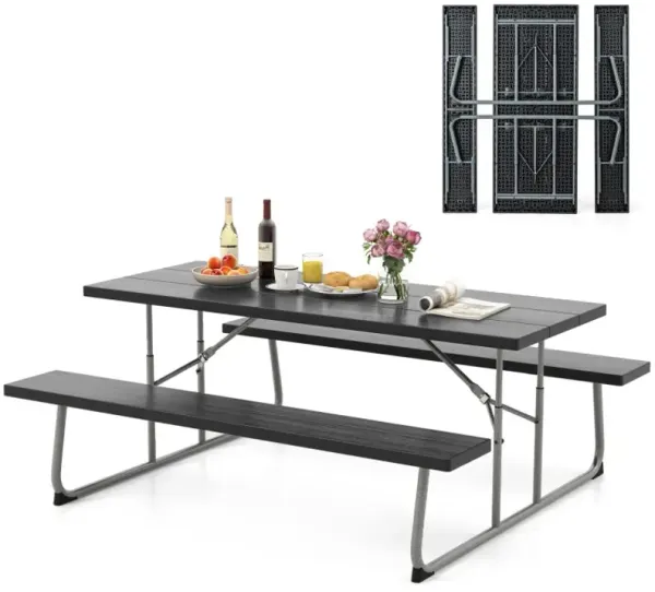 Folding Picnic Table Set with Metal Frame and All-Weather HDPE Tabletop, Umbrella Hole