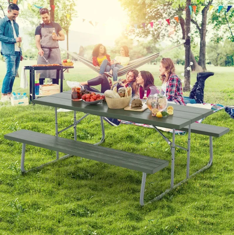 Folding Picnic Table Set with Metal Frame and All-Weather HDPE Tabletop, Umbrella Hole