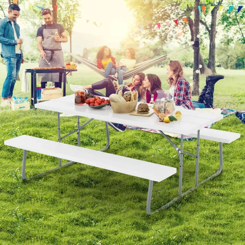 Folding Picnic Table Set with Metal Frame and All-Weather HDPE Tabletop, Umbrella Hole