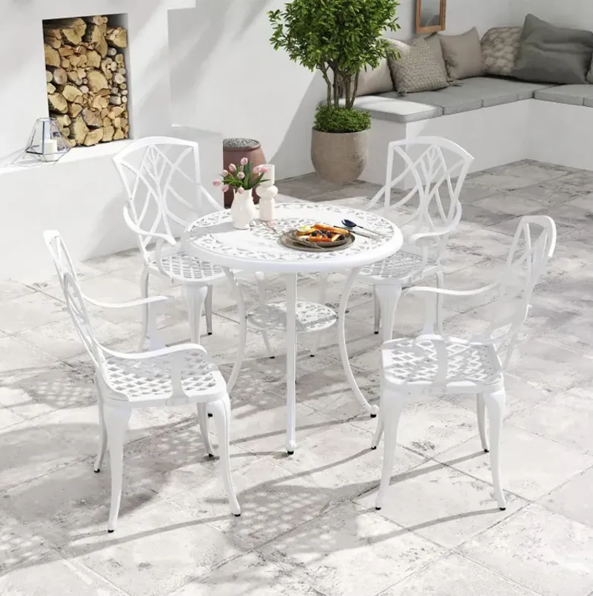5 Piece Patio Cast Aluminum Dining Table Chair Set Bistro Set with Umbrella Hole