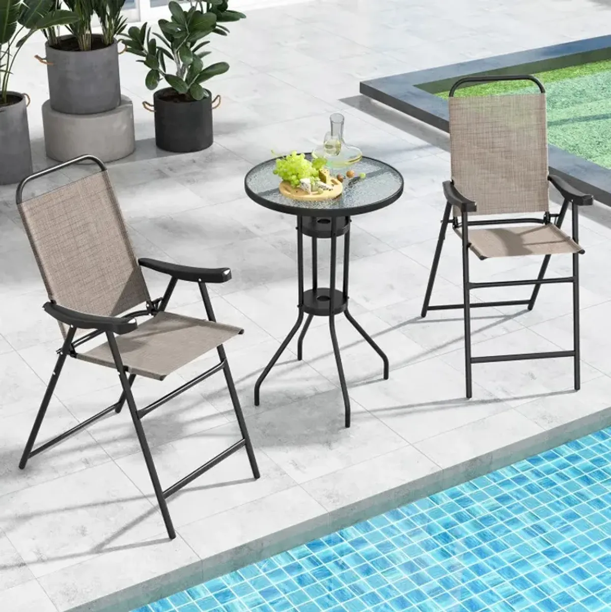 Patio Folding Bar Stool Set of 2 with Metal Frame and Footrest