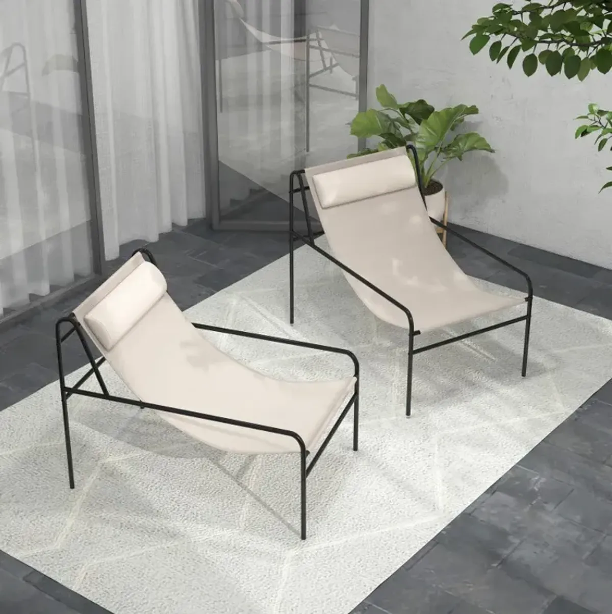 Patio Sling Lounge Chair with Removable Headrest Pillow and Metal Frame