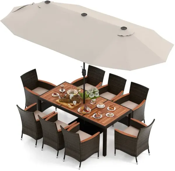 11 Pieces Patio Dining Set with 15 Feet Double-Sided Patio Umbrella and Base