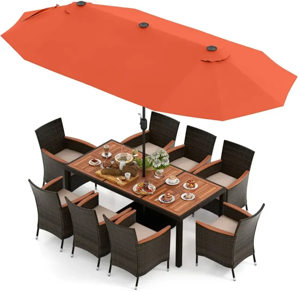 11 Pieces Patio Dining Set with 15 Feet Double-Sided Patio Umbrella and Base