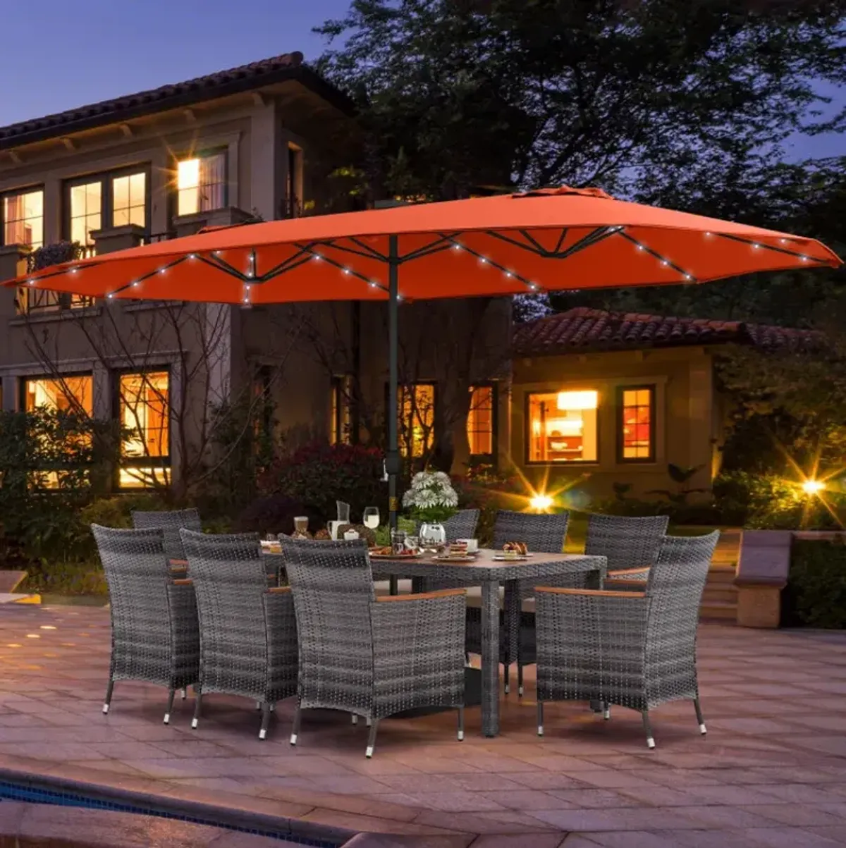 11 Pieces Patio Dining Set with 15 Feet Double-Sided Patio Umbrella Base Included