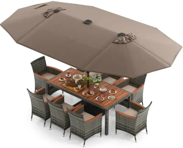 11 Pieces Patio Dining Set with 15 Feet Double-Sided Patio Umbrella Base Included