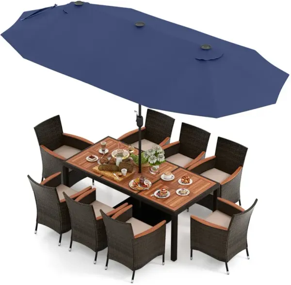 11 Pieces Patio Dining Set with 15 Feet Double-Sided Patio Umbrella and Base
