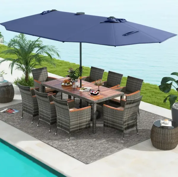 11 Pieces Patio Dining Set with 15 Feet Double-Sided Patio Umbrella Base Included