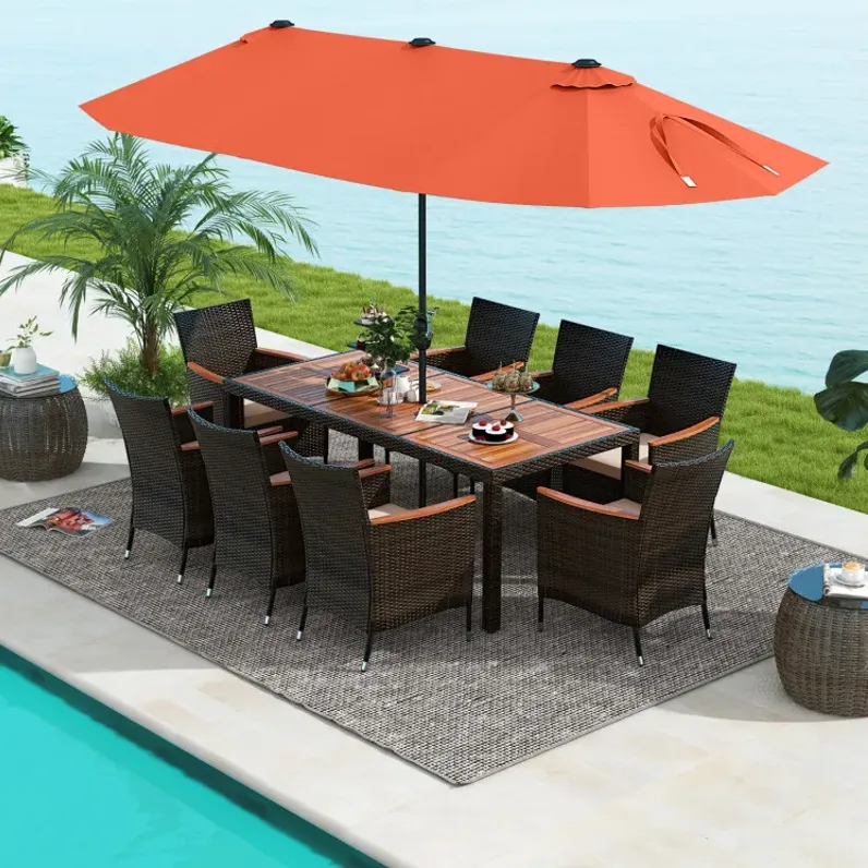 11 Pieces Patio Dining Set with 15 Feet Double-Sided Patio Umbrella and Base