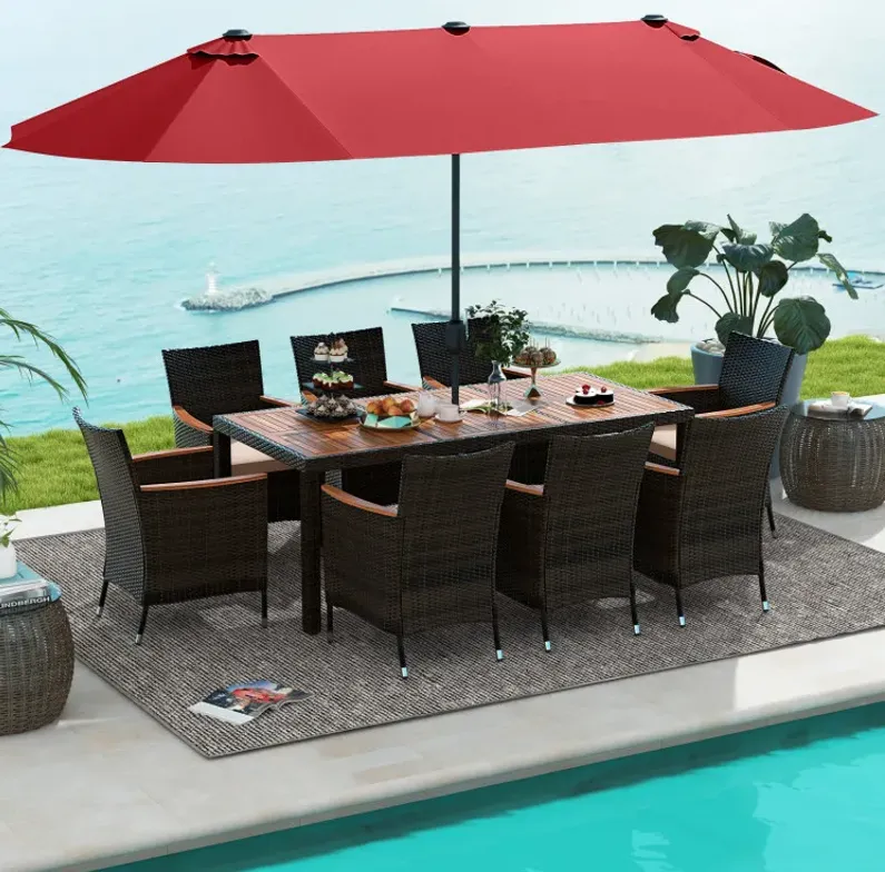 11 Pieces Patio Dining Set with 15 Feet Double-Sided Patio Umbrella and Base