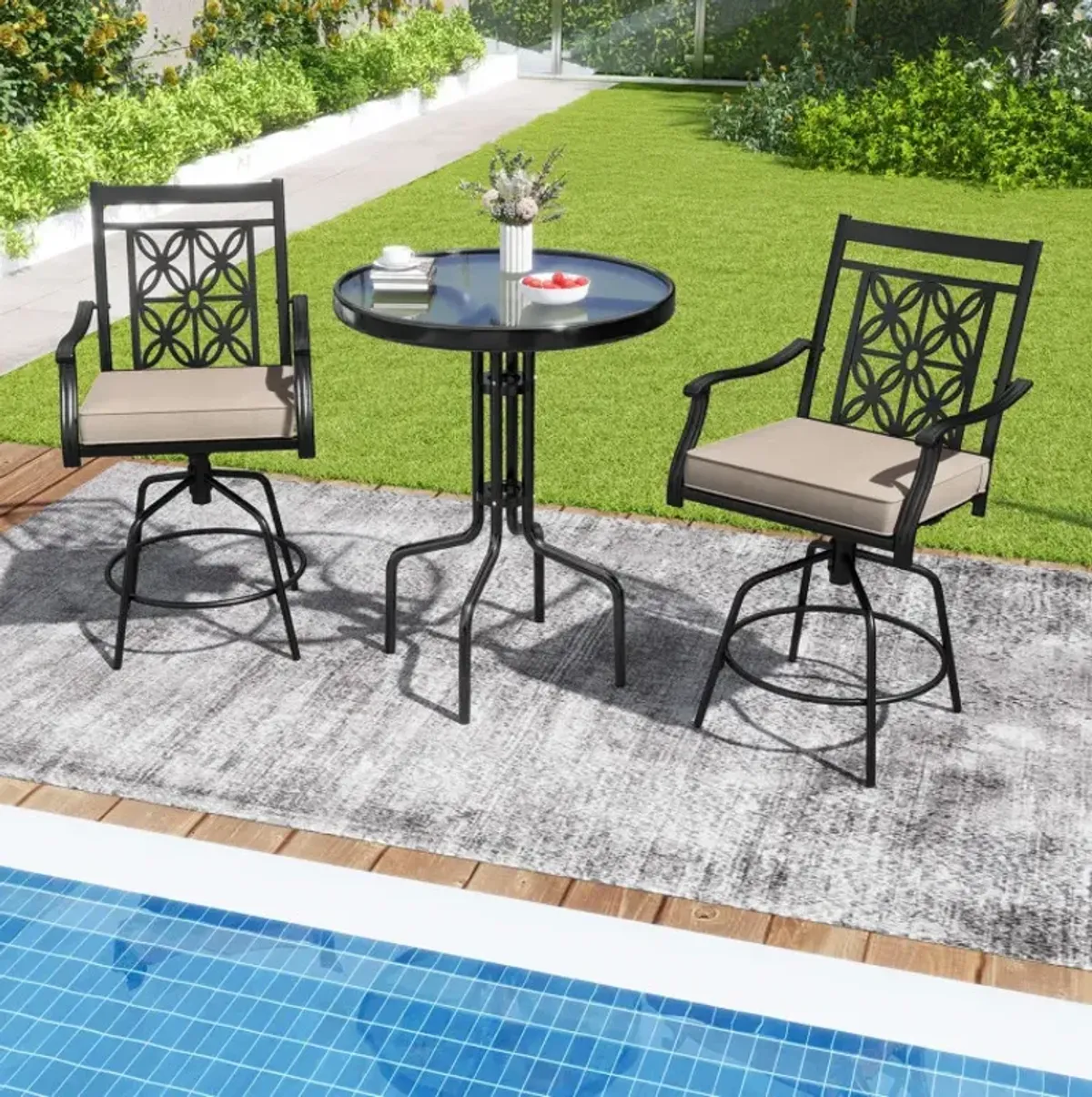 Outdoor Swivel Bar Stools Set of 2 with Seat Cushions