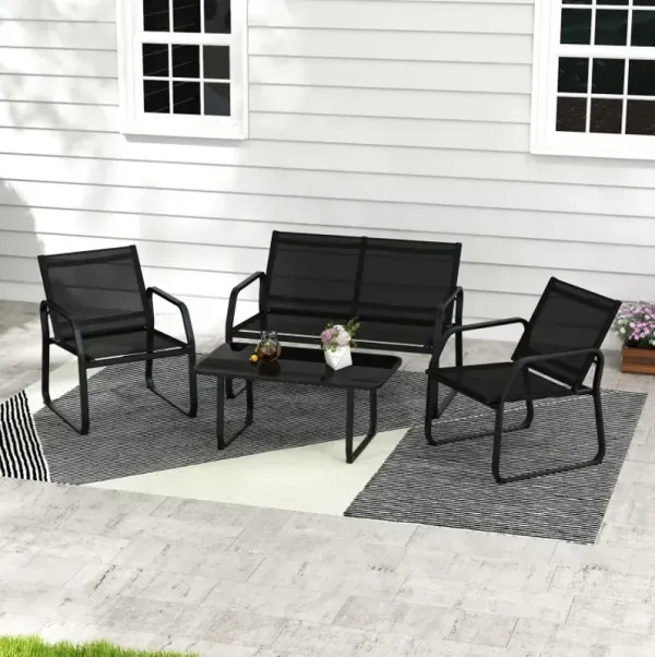 4 Pieces Patio Conversation Set with Breathable Fabric Seat and Tempered Glass Tabletop