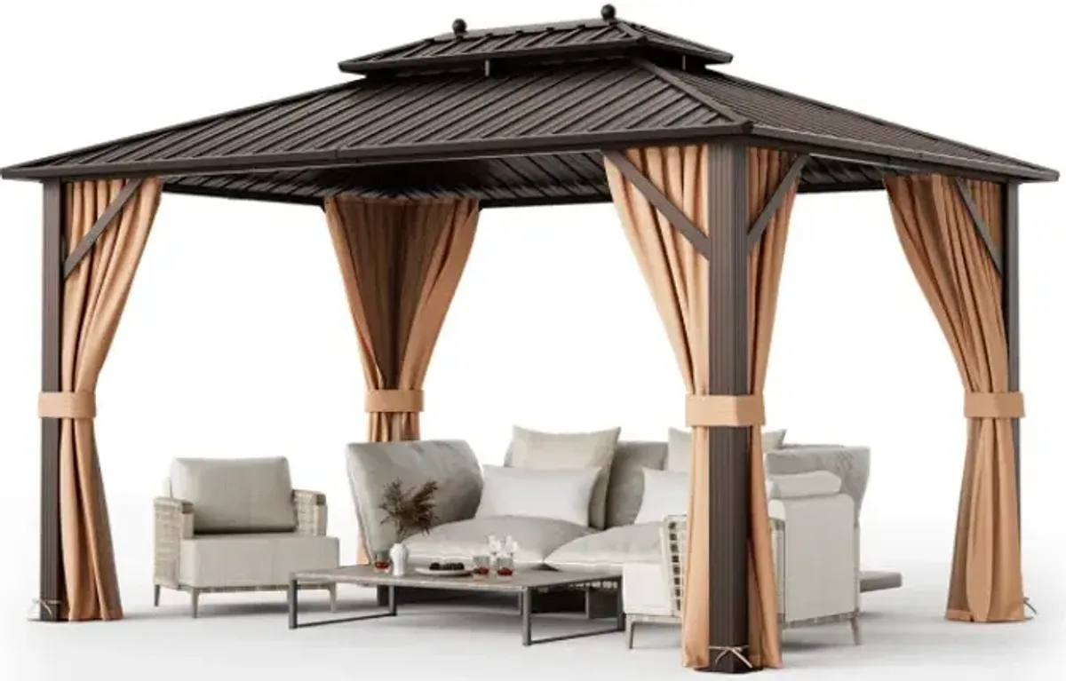  10 x 13 Feet Patio Hardtop Gazebo with Galvanized Steel Double Roof and Netting