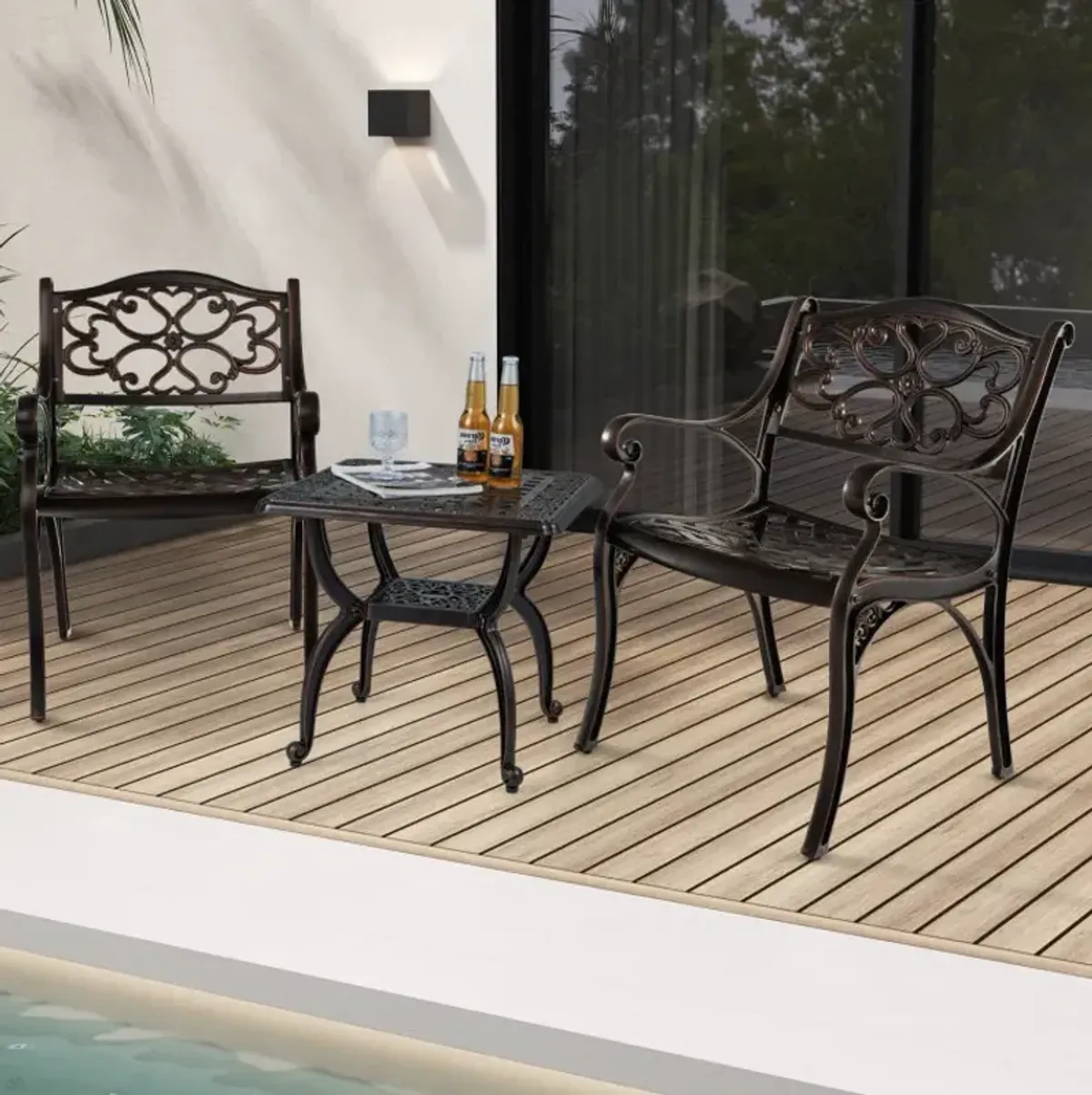 Cast Aluminum Dining Chairs Set of 2 with Patio Chairs Armrests Flower Pattern