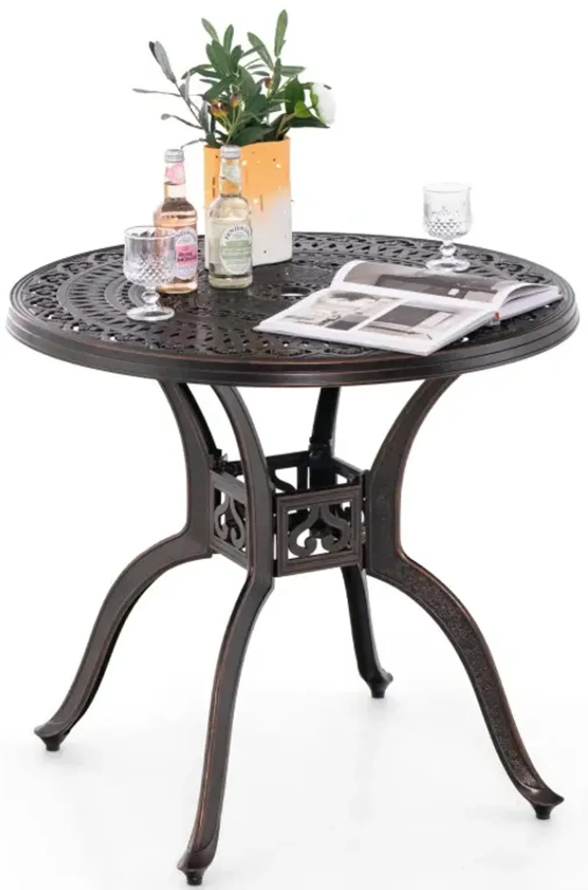 31.5 Inch Cast Aluminum Table Patio Round Dining Table with Umbrella Hole