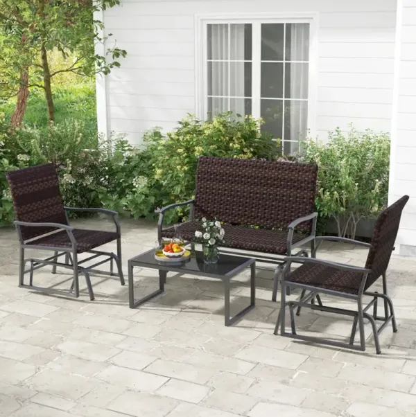 4 Piece Patio Gliding Set Wicker Swing Glider Furniture Set All Weather with Tempered Glass Coffee Table
