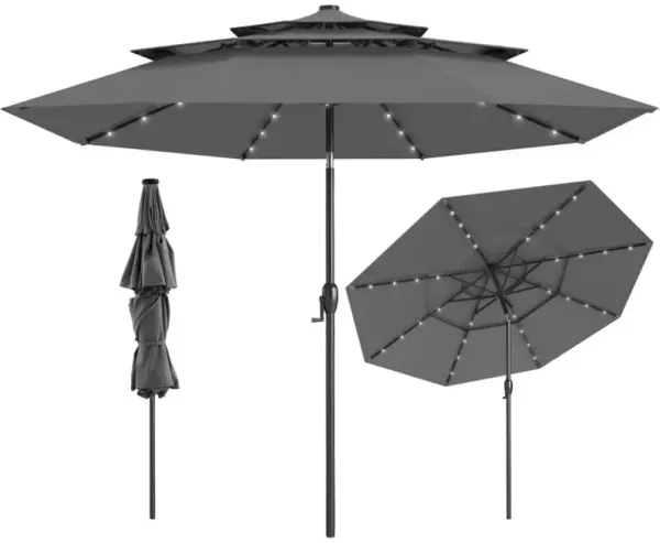 10 Feet Solar Patio Umbrella with 32 LED Lights 3-Tier Vented Top