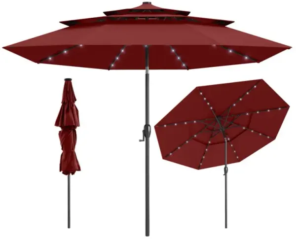 10 Feet Solar Patio Umbrella with 32 LED Lights 3-Tier Vented Top